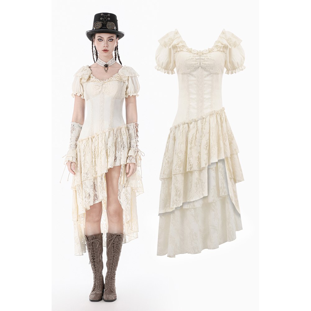 Dark in Love - Steampunk Layered Ruffle asymmetrical High low jurk - Creme